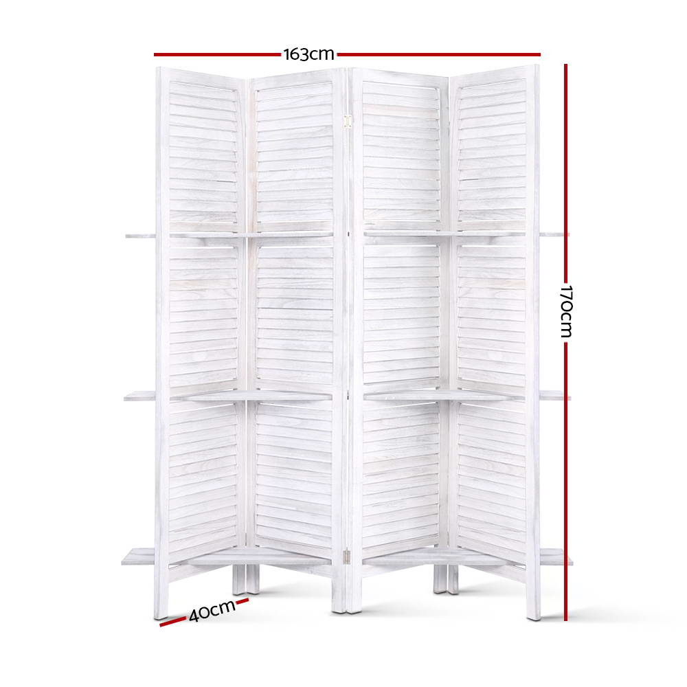 Artiss 4 Panel Room Divider Screen 163x170cm Shelf White Chez Guru