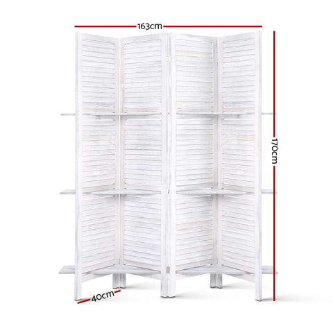 Artiss 4 Panel Room Divider Screen 163x170cm Shelf White Chez Guru