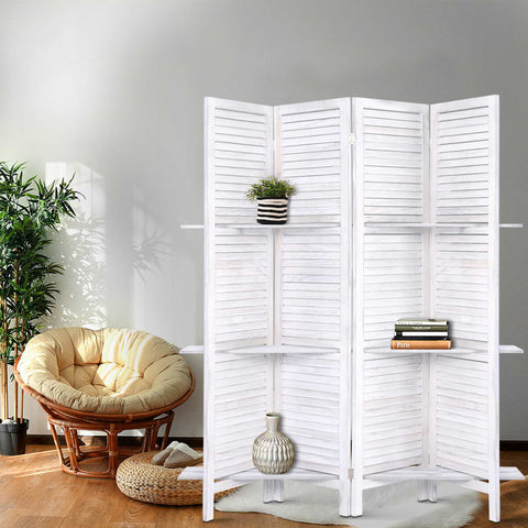 Artiss 4 Panel Room Divider Screen 163x170cm Shelf White Chez Guru