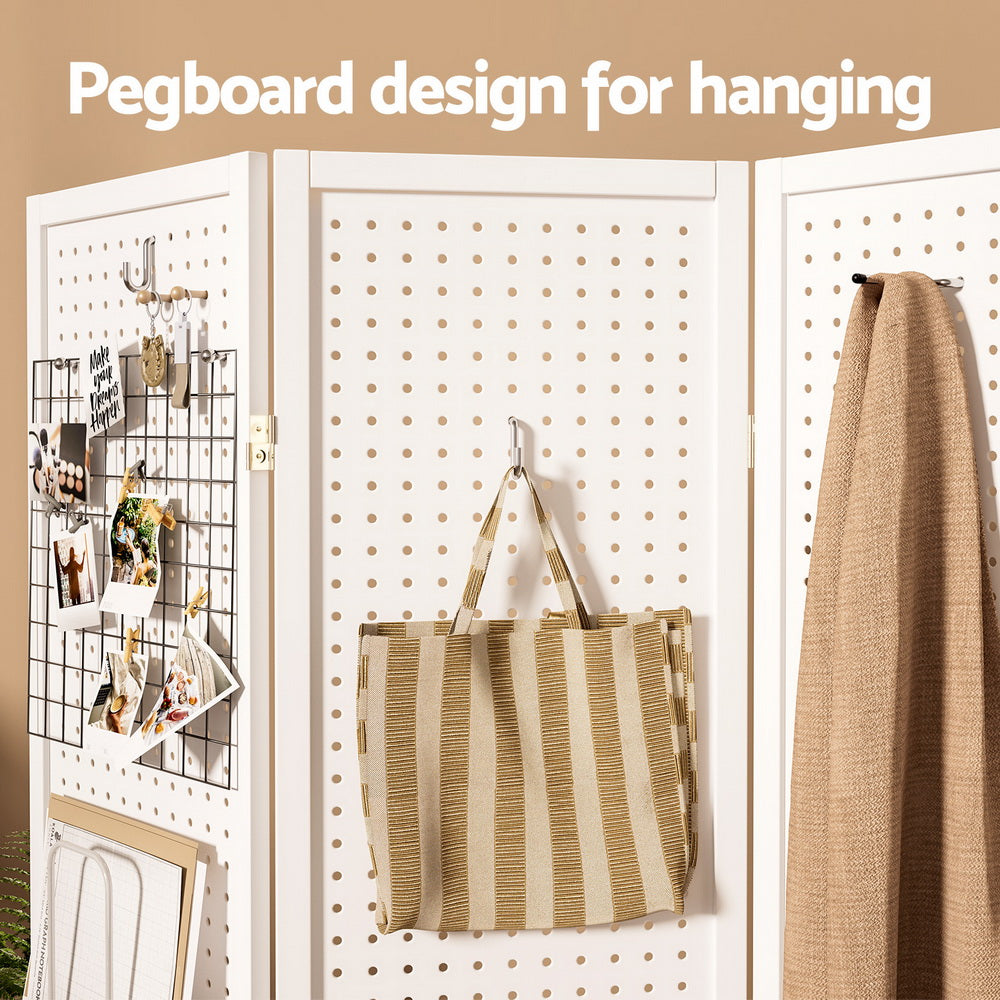 Artiss 4 Panel Room Divider Screen 164x170cm Pegboard White Chez Guru