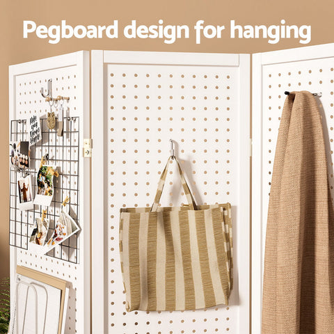 Artiss 4 Panel Room Divider Screen 164x170cm Pegboard White Chez Guru