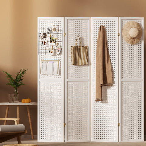 Artiss 4 Panel Room Divider Screen 164x170cm Pegboard White Chez Guru