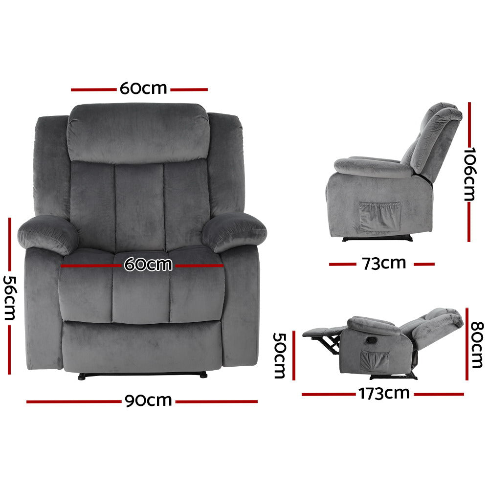 Artiss Recliner Chair Electric Massage Chair Velvet Lounge Sofa Heated Grey Chez Guru