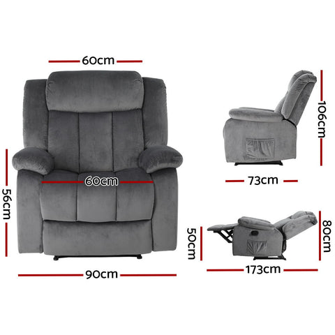 Artiss Recliner Chair Electric Massage Chair Velvet Lounge Sofa Heated Grey Chez Guru