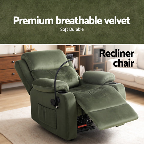 Artiss Recliner Chair Heated Massage Chair with Phone Holder Velvet