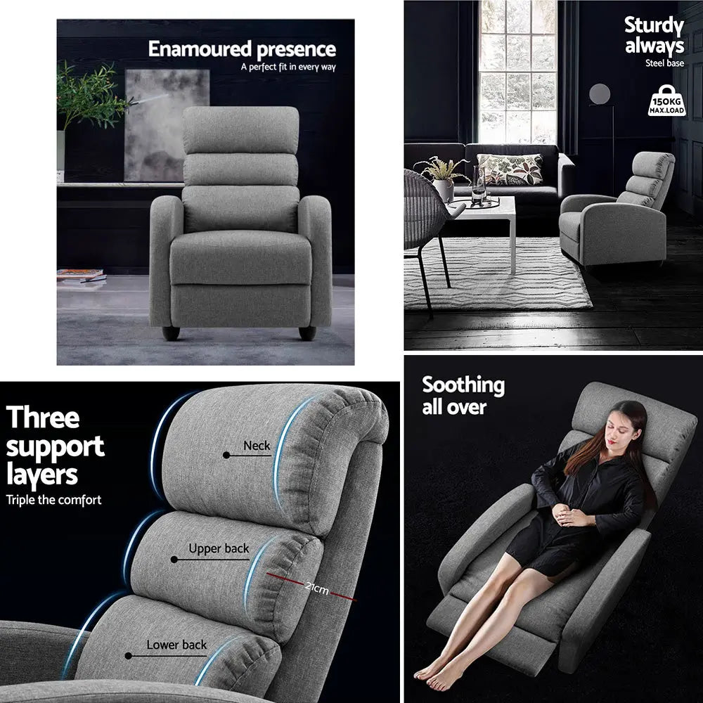 Artiss Recliner Armchair Grey Fabric Bolivia - Chez Guru