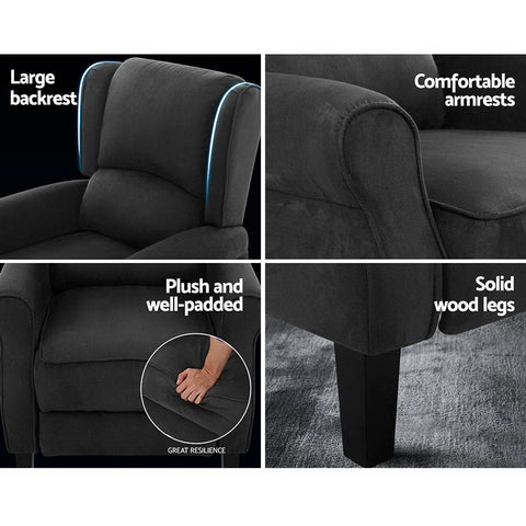 Artiss Recliner Chair Adjustable Sofa Lounge Soft Suede Armchair Couch Charcoal Chez Guru