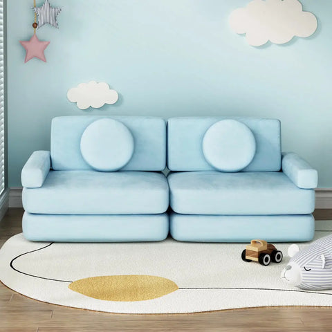 Artiss Sofa Bed 2 Seater Kid DIY Play Couch Velvet Blue - Chez Guru