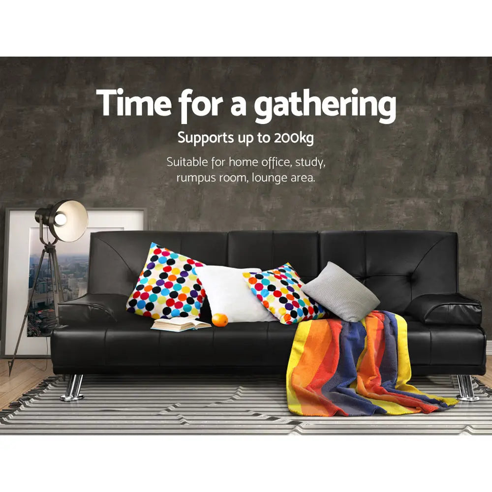 Artiss Sofa Bed 188CM Black PU Leather - Chez Guru