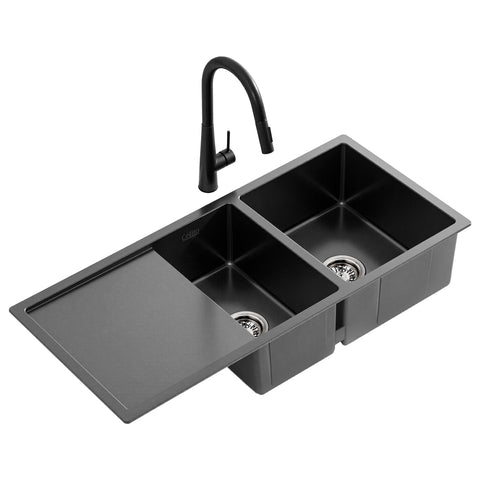 Cefito Stainless Steel Sink 100x45CM With Pull Out Mixer Tap Kitchen Basin Double Bowl Black