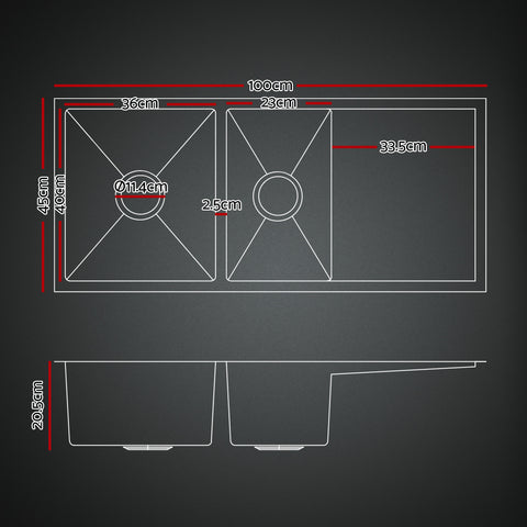 Cefito Stainless Steel Sink 100x45CM With Pull Out Mixer Tap Kitchen Basin Double Bowl Black