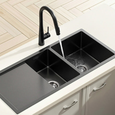 Cefito Stainless Steel Sink 100x45CM With Pull Out Mixer Tap Kitchen Basin Double Bowl Black