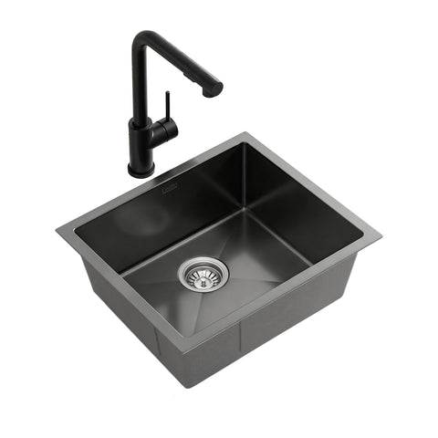 Cefito Stainless Steel Sink 44x44CM With Pull Out Mixer Tap Kitchen Basin Single Bowl Black