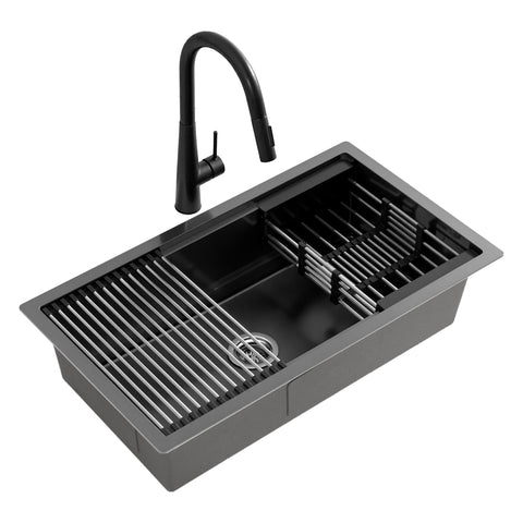 Cefito Stainless Steel Sink 70x45CM With Pull Out Mixer Tap Kitchen Basin Single Bowl Black