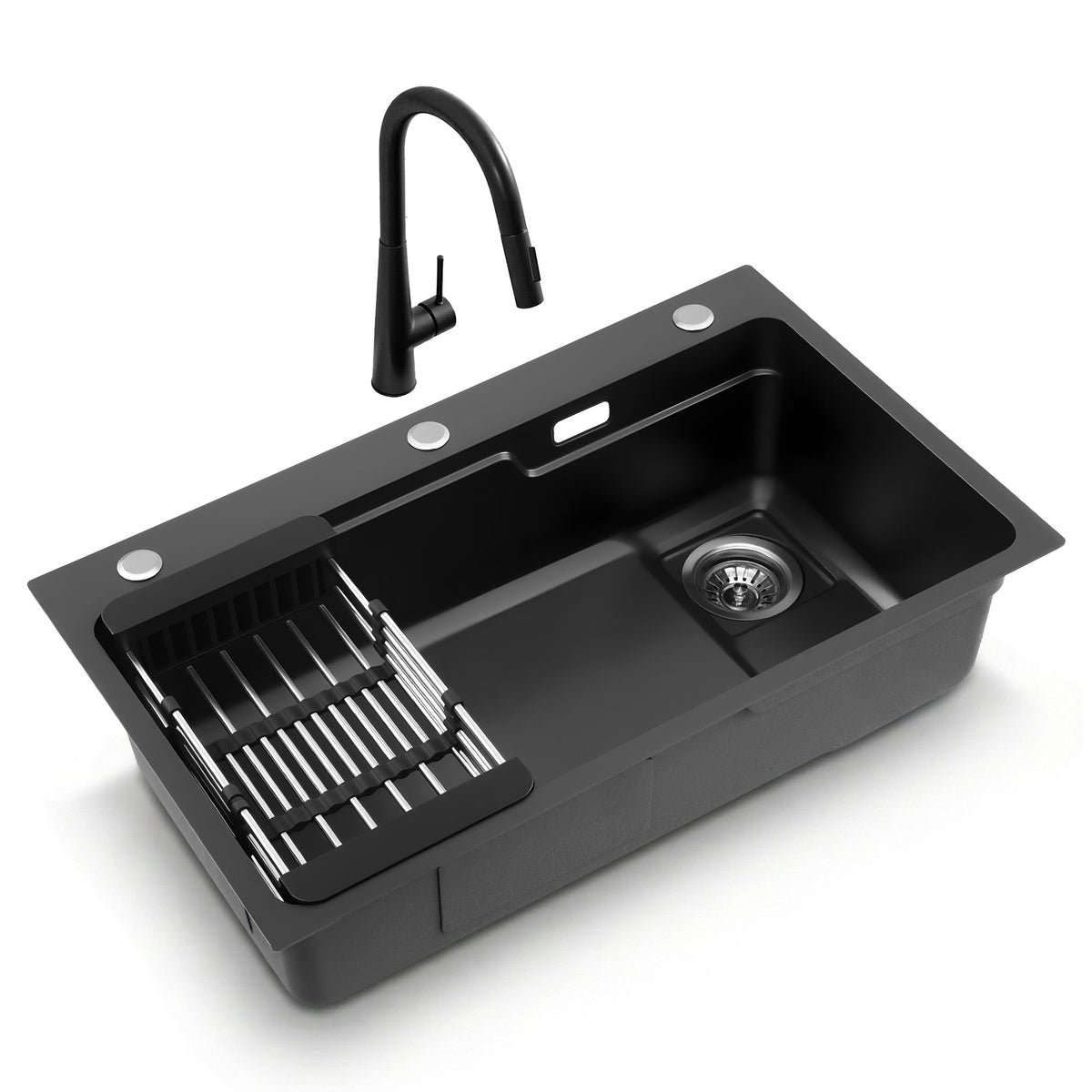 Cefito Stainless Steel Sink 75x45CM With Pull Out Mixer Tap Kitchen Basin Single Bowl Black