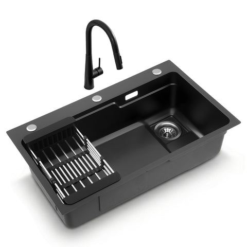 Cefito Stainless Steel Sink 75x45CM With Pull Out Mixer Tap Kitchen Basin Single Bowl Black
