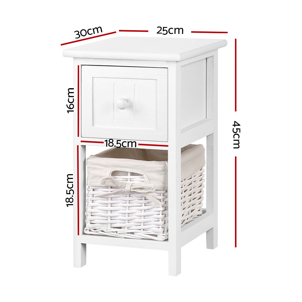 Artiss Bedside Table 1 Drawer with Basket Rustic White X2 Chez Guru