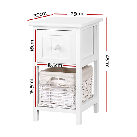 Artiss Bedside Table 1 Drawer with Basket Rustic White X2 Chez Guru