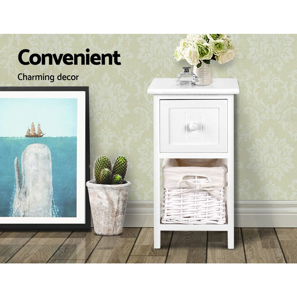 Artiss Bedside Table 1 Drawer with Basket Rustic White X2 Chez Guru