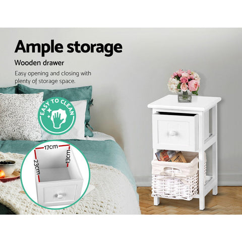 Artiss Bedside Table 1 Drawer with Basket Rustic White X2 Chez Guru