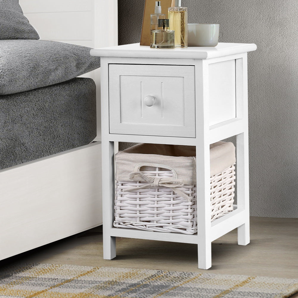 Artiss Bedside Table 1 Drawer with Basket Rustic White X2 Chez Guru