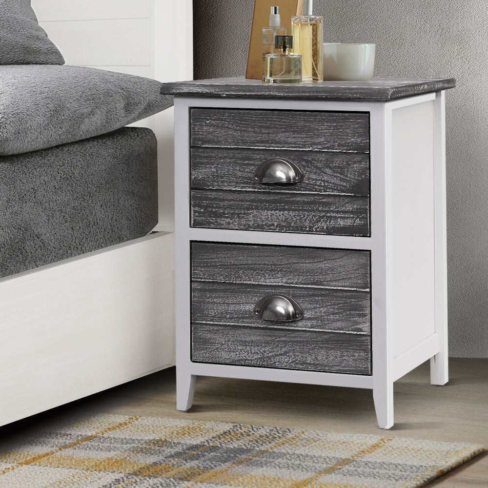 Artiss Bedside Table 2 Drawers Vintage X2 - THYME Grey Chez Guru