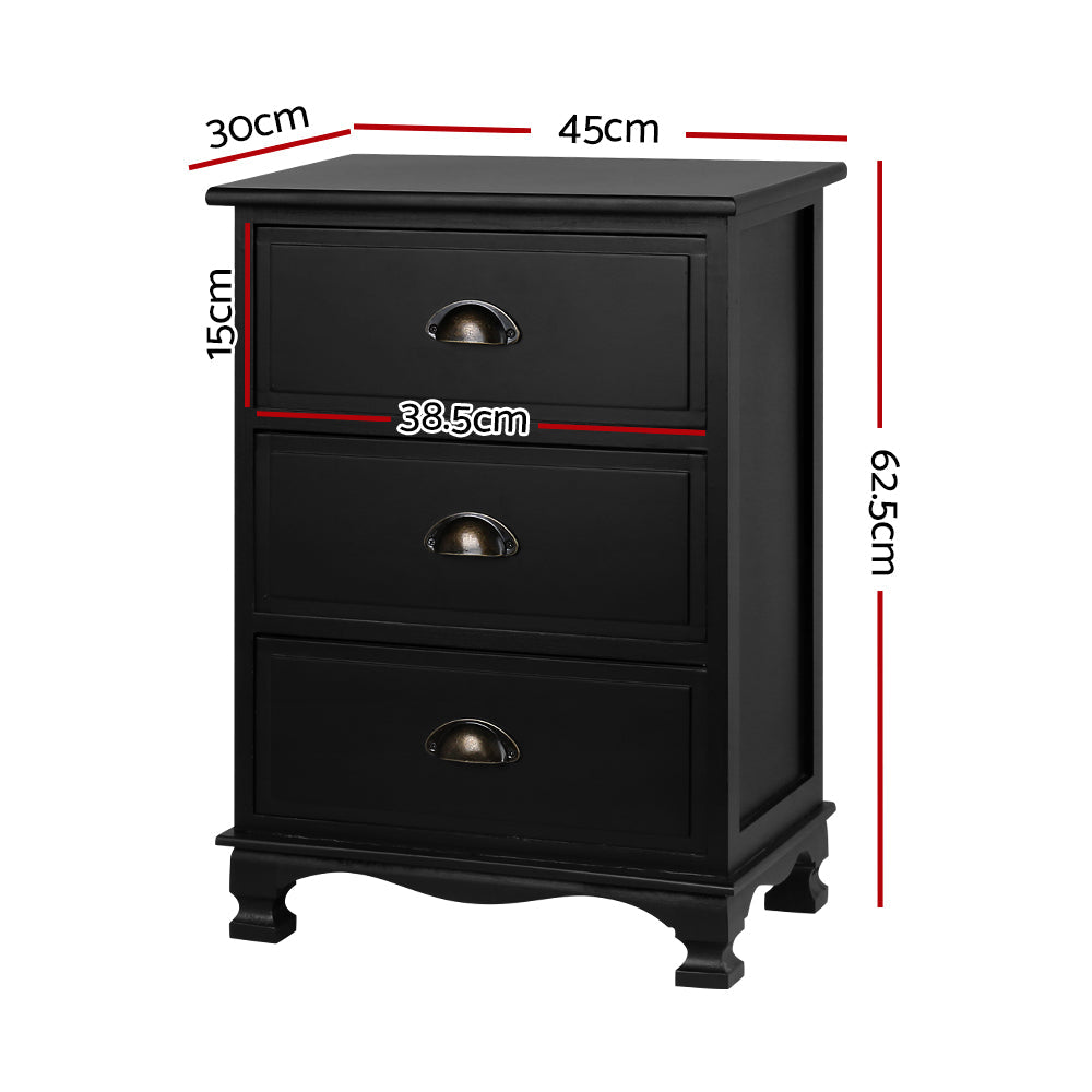 Artiss Bedside Table 3 Drawers Vintage - THYME Black Chez Guru