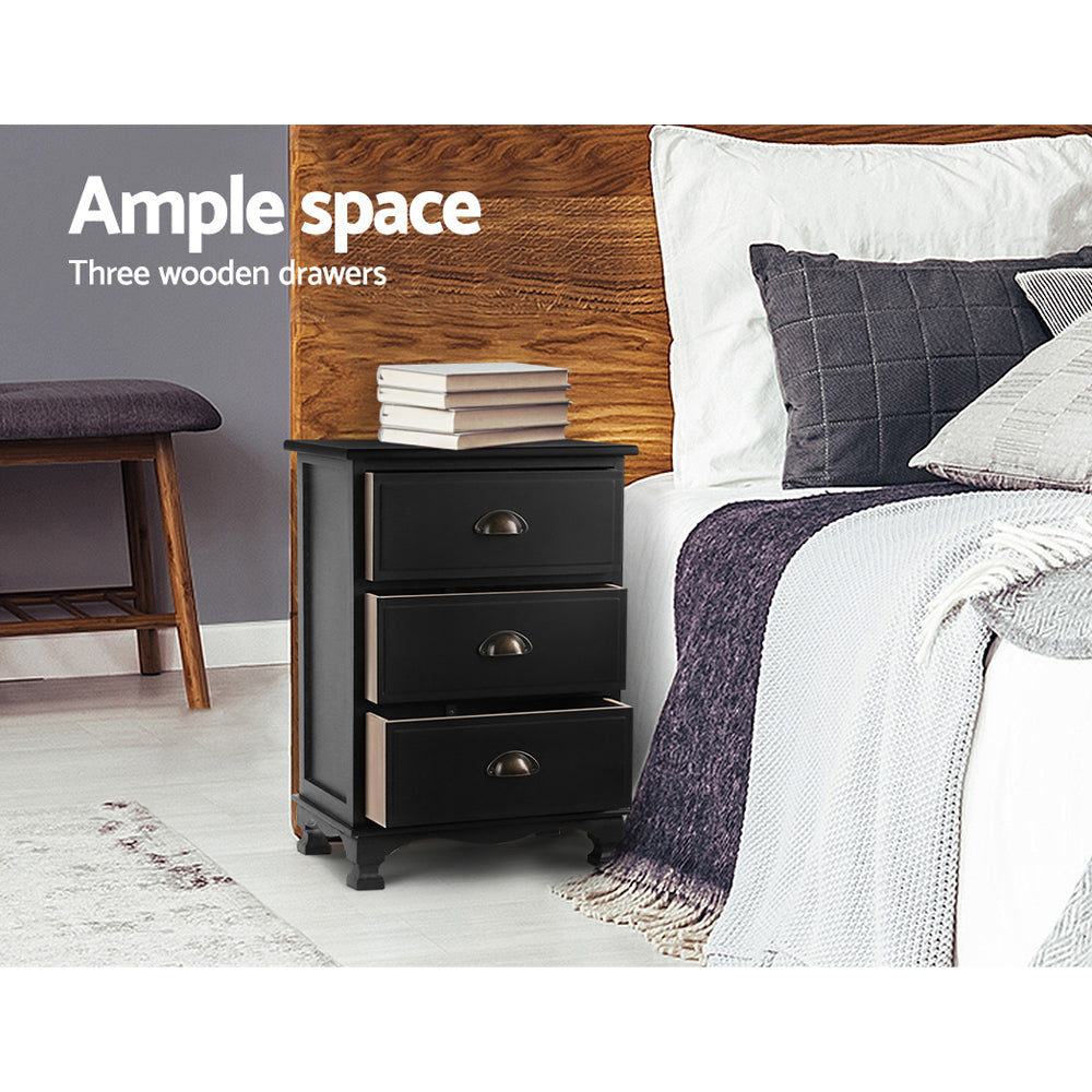 Artiss Bedside Table 3 Drawers Vintage - THYME Black Chez Guru