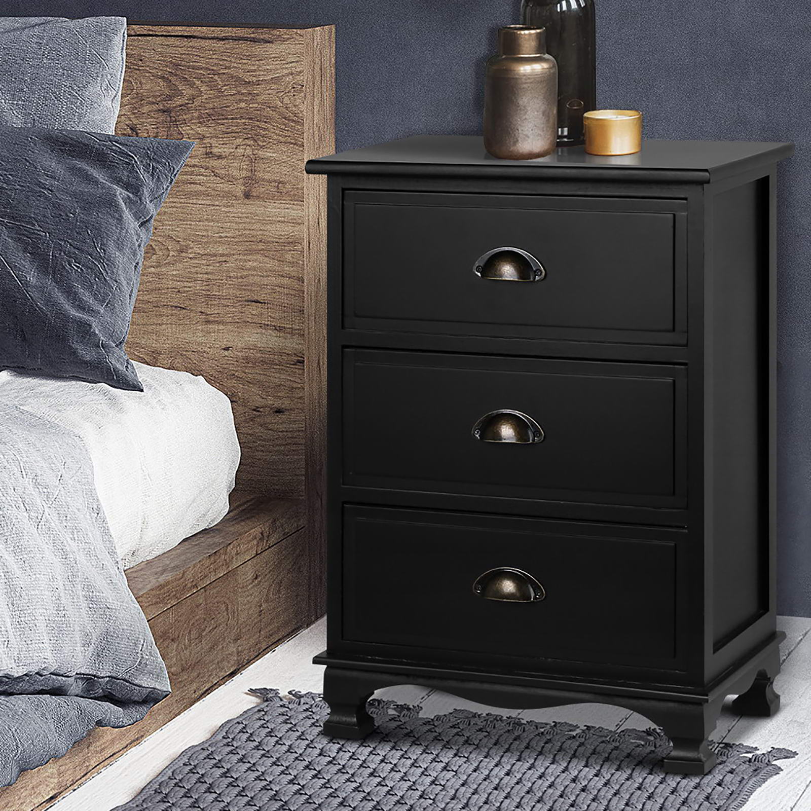 Artiss 2x Bedside Table 3 Drawers Vintage - THYME Black Chez Guru