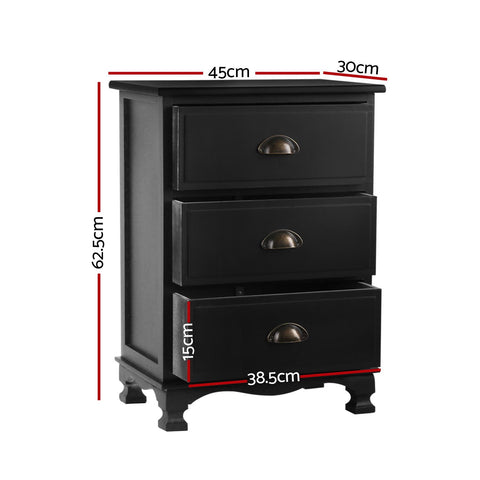 Artiss 2x Bedside Table 3 Drawers Vintage - THYME Black Chez Guru