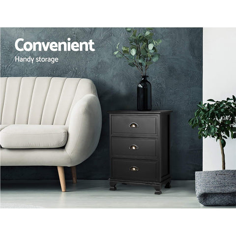 Artiss 2x Bedside Table 3 Drawers Vintage - THYME Black Chez Guru