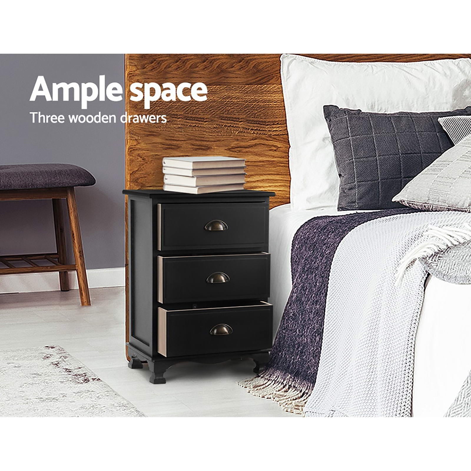 Artiss 2x Bedside Table 3 Drawers Vintage - THYME Black Chez Guru