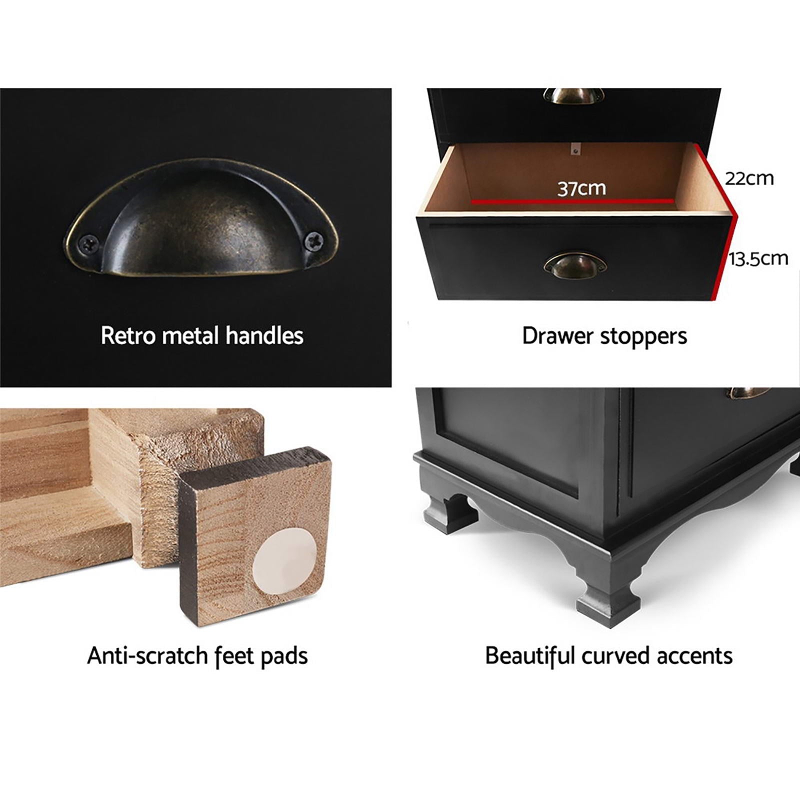 Artiss 2x Bedside Table 3 Drawers Vintage - THYME Black Chez Guru