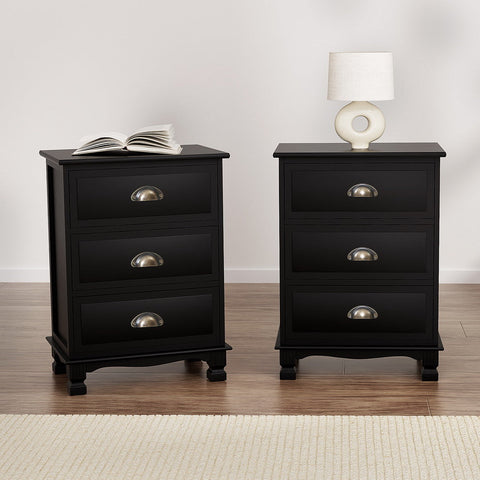 Artiss 2x Bedside Table 3 Drawers Vintage - THYME Black Chez Guru