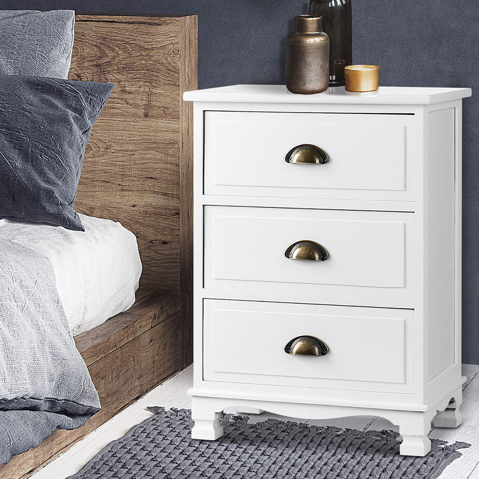 Artiss 2x Bedside Table 3 Drawers Vintage - THYME White Chez Guru