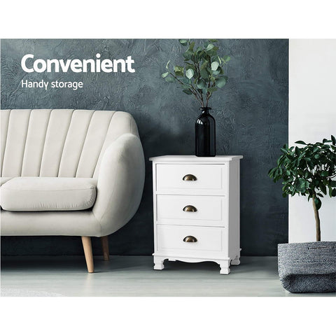 Artiss 2x Bedside Table 3 Drawers Vintage - THYME White Chez Guru