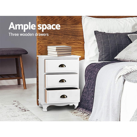 Artiss 2x Bedside Table 3 Drawers Vintage - THYME White Chez Guru