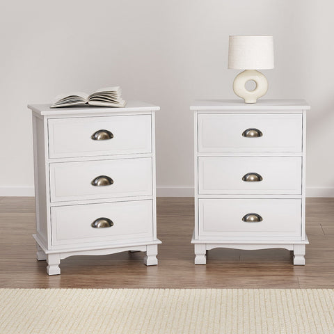 Artiss 2x Bedside Table 3 Drawers Vintage - THYME White Chez Guru