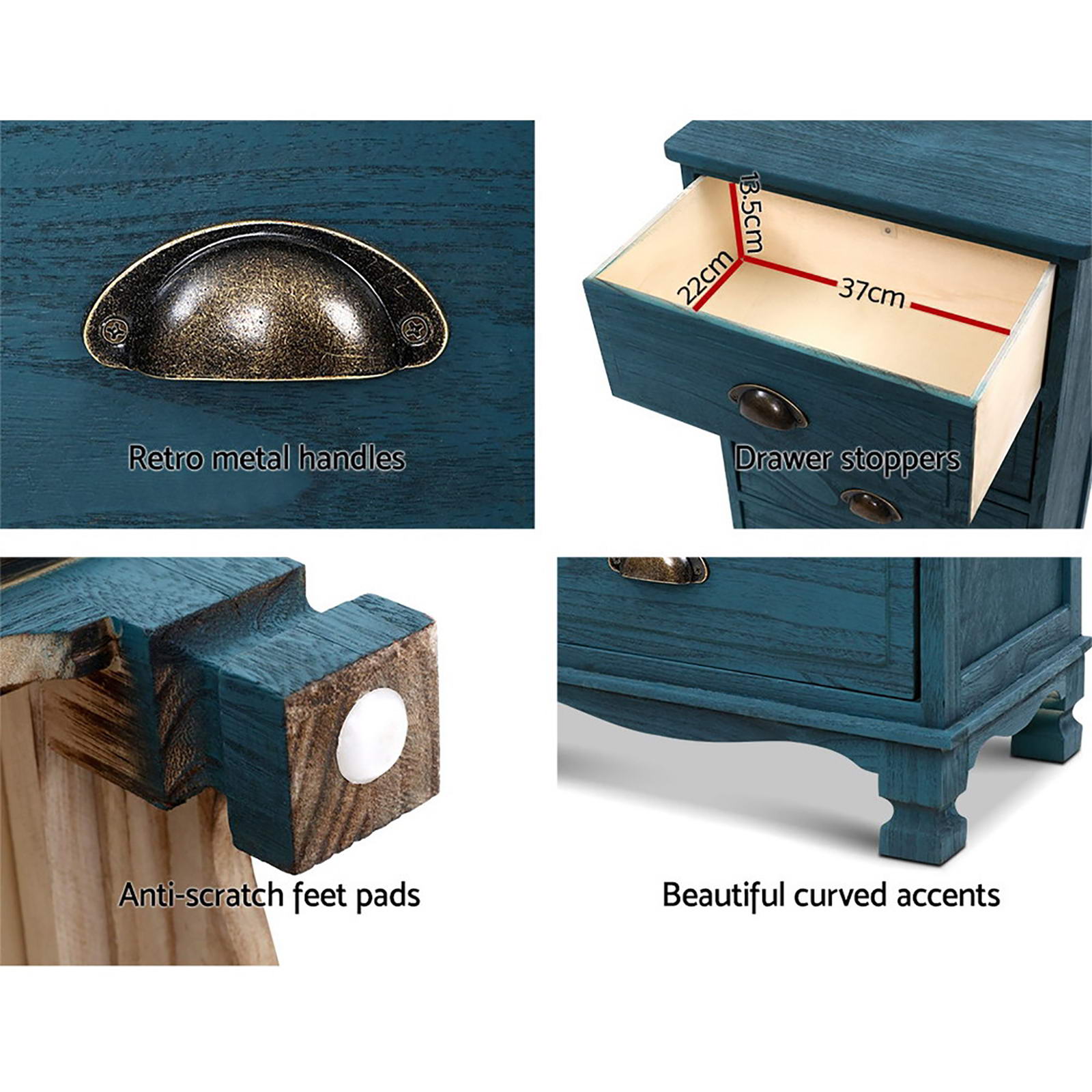 Artiss 2x Bedside Table 3 Drawers Vintage - THYME Blue Chez Guru