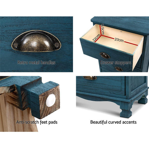Artiss 2x Bedside Table 3 Drawers Vintage - THYME Blue Chez Guru