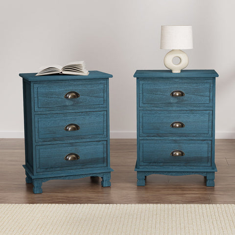 Artiss 2x Bedside Table 3 Drawers Vintage - THYME Blue Chez Guru