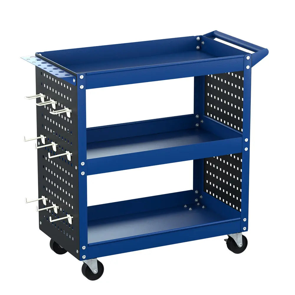 Giantz 3-Tier Tool Cart Storage Trolley Workshop Garage Pegboard Hooks Blue Chez Guru