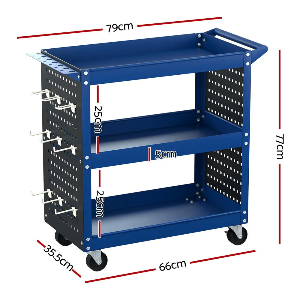 Giantz 3-Tier Tool Cart Storage Trolley Workshop Garage Pegboard Hooks Blue Chez Guru