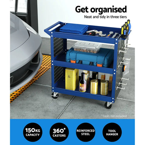 Giantz 3-Tier Tool Cart Storage Trolley Workshop Garage Pegboard Hooks Blue Chez Guru