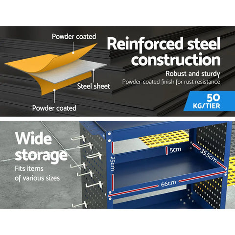 Giantz 3-Tier Tool Cart Storage Trolley Workshop Garage Pegboard Hooks Blue Chez Guru