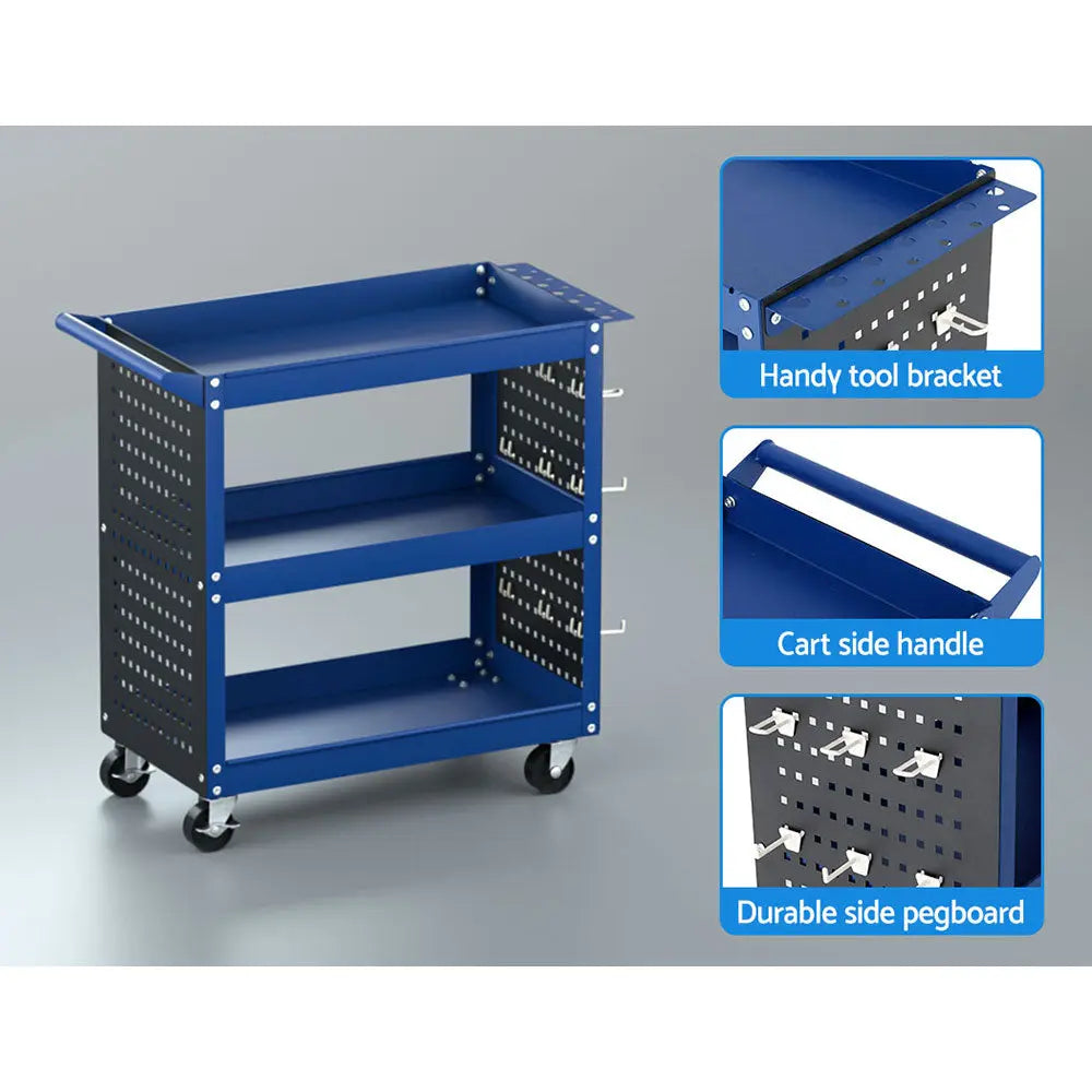 Giantz 3-Tier Tool Cart Storage Trolley Workshop Garage Pegboard Hooks Blue Chez Guru