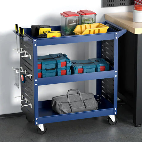 Giantz 3-Tier Tool Cart Storage Trolley Workshop Garage Pegboard Hooks Blue Chez Guru