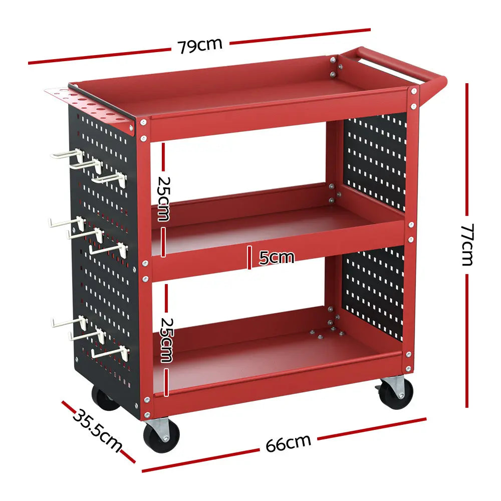 Giantz 3-Tier Tool Cart Storage Trolley Workshop Garage Pegboard Hooks Red Chez Guru