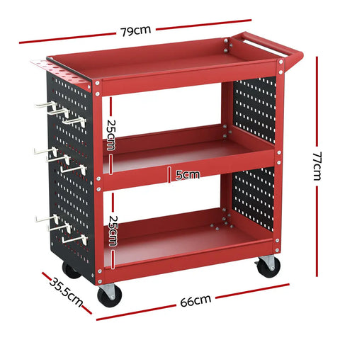 Giantz 3-Tier Tool Cart Storage Trolley Workshop Garage Pegboard Hooks Red Chez Guru