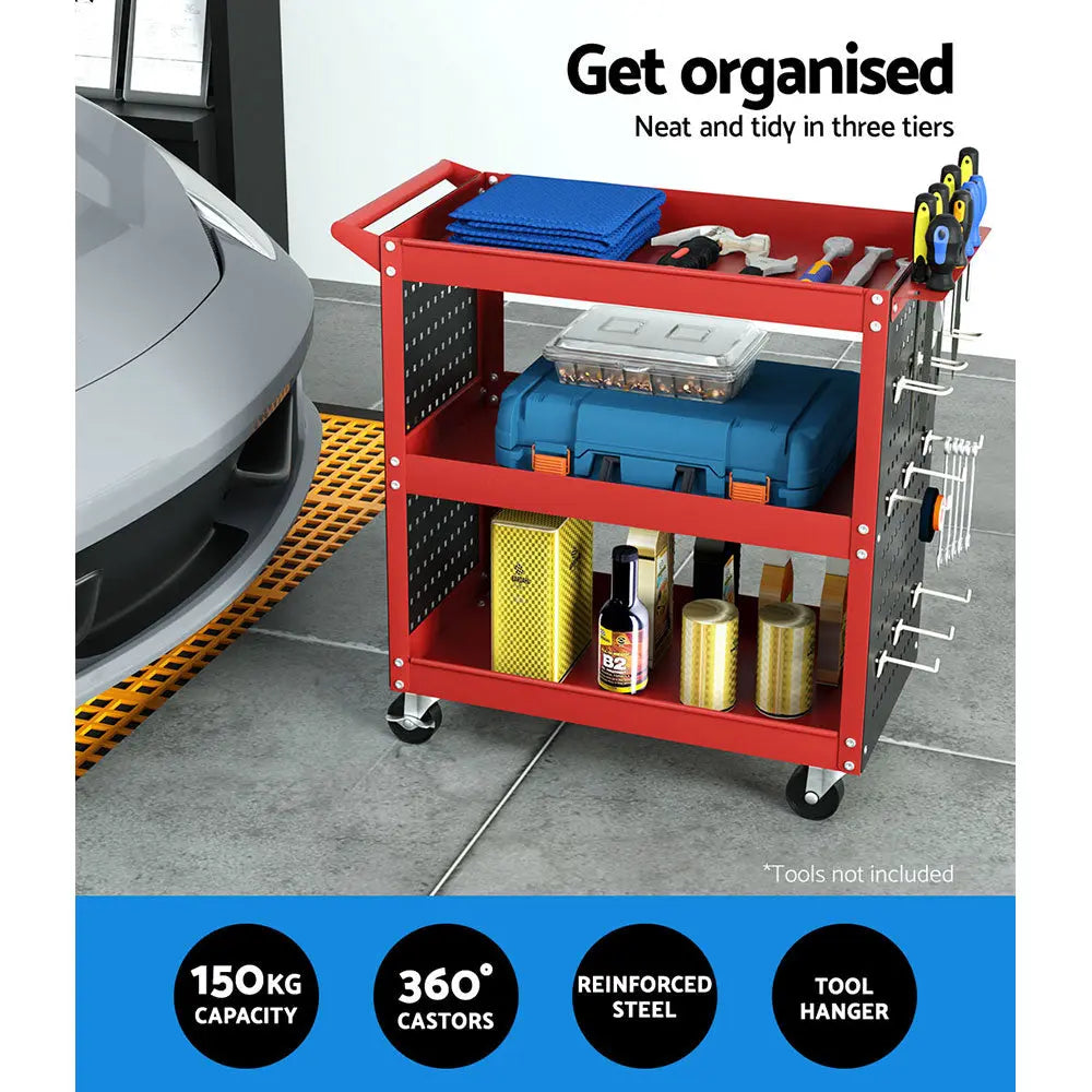 Giantz 3-Tier Tool Cart Storage Trolley Workshop Garage Pegboard Hooks Red Chez Guru